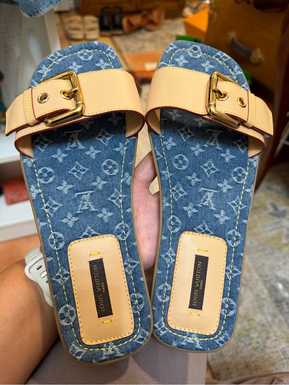 Louis Vuitton Denim Monogram Buckle Slide Sandals Size 38.5